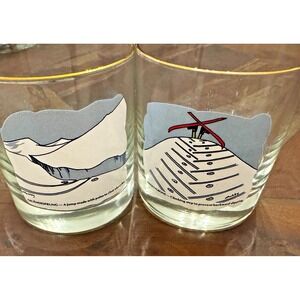 Ski Winter Themed Whiskey Glasses Low Ball Gold Tone Rim Set‎ of 2